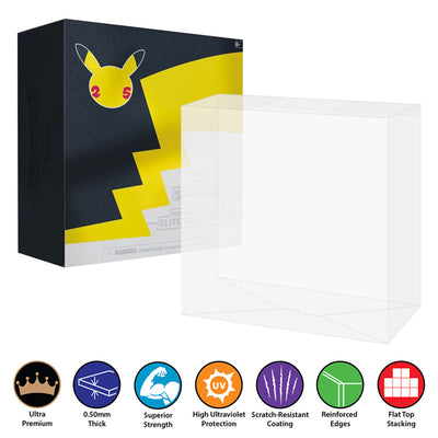 POKEMON TCG Celebrations 25th Anniversary Elite Trainer Box Protectors (50mm thick, UV & Scratch Resistant) 8.5h X 8.5w X 3.75d on The Pop Protector Guide App by Display Geek