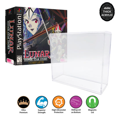 Acrylic Case for PS1 LUNAR 1 SILVER STAR STORY SE Video Game Box 4mm thick, UV & Slide Bottom on The Pop Protector Guide by Display Geek