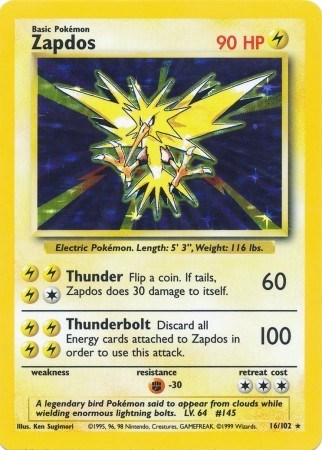 Zapdos HOLO Base Set #16/102 Pokemon Trading Card | Display Geek, Inc. Zapdos HOLO Base Set #16/102 Pokemon Trading Card | Display Geek, Inc.