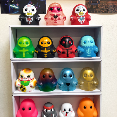 TINY GHOST - 3 Single Row Display Cases for Bimtoy, Wall Mountable & Stackable Shelf, Cardboard
