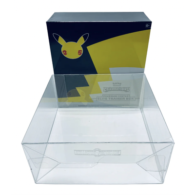 POKEMON TCG Celebrations 25th Anniversary Elite Trainer Box Protectors (50mm thick, UV & Scratch Resistant) 8.5h X 8.5w X 3.75d on The Pop Protector Guide App by Display Geek