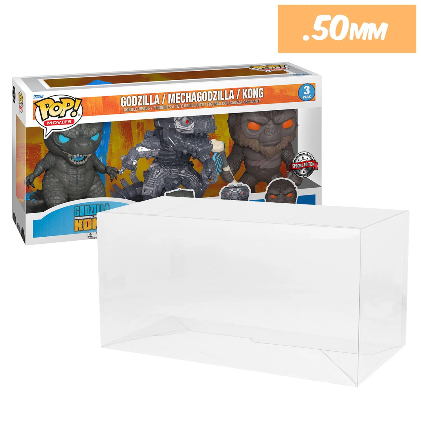 Funko POP! 3 Pack Godzilla, Mechagodzilla & Kong BAM Pop Protector Size CONFIRMED!