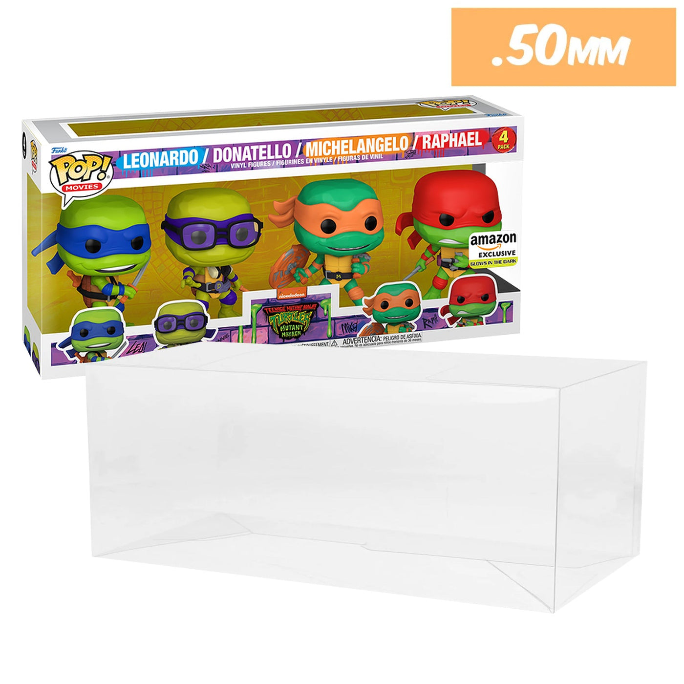 Funko POP! 4 Pack TMNT Mutant Mayhem Leonardo, Donatello, Michelangelo & Raphael Glow in the Dark Pop Protector Size CONFIRMED by Display Geek