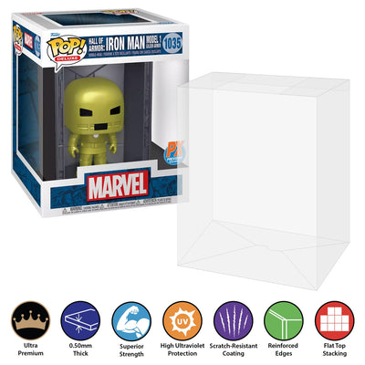 Funko POP! Deluxe Hall of Armor: Iron Man Model 1 Golden Armor #1035 Pop Protector Size CONFIRMED by Display Geek