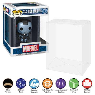 Funko POP! Deluxe Hall of Armor: Iron Man Model 11 War Machine #1037 Pop Protector Size CONFIRMED by Display Geek