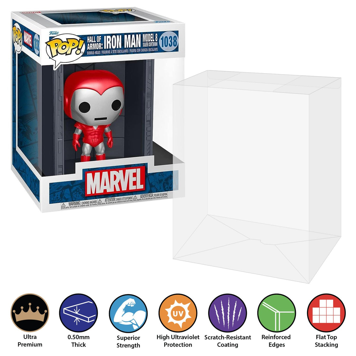 Funko POP! Deluxe Hall of Armor: Iron Man Model 8 Silver Centurion #1038 Pop Protector Size CONFIRMED by Display Geek