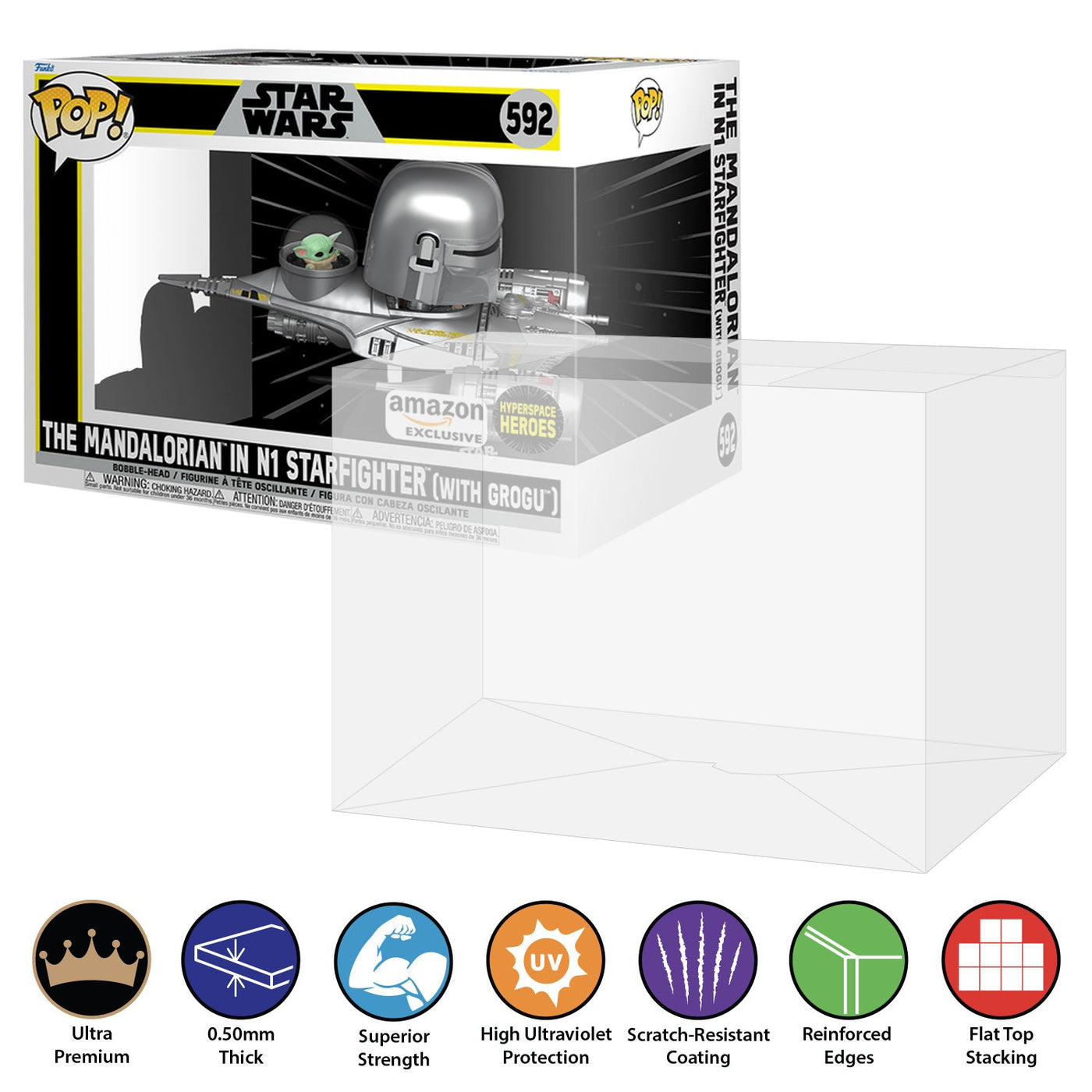Funko POP! Rides The Mandalorian in N1 Starfighter with Grogu #592 Pop Protector Size CONFIRMED by Display Geek