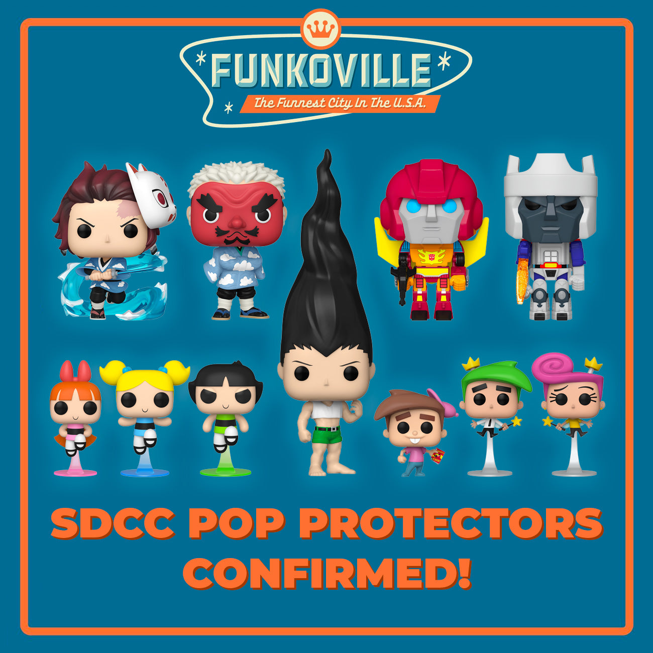 Funko POP! Funkoville SDCC 2023 Pop Protector Sizes CONFIRMED by Display Geek - Powerpuff Girls 3 Pack, Fairly OddParents 3 Pack, Demon Slayer 2 Pack, Transformers 2 Pack, Awaken Gon
