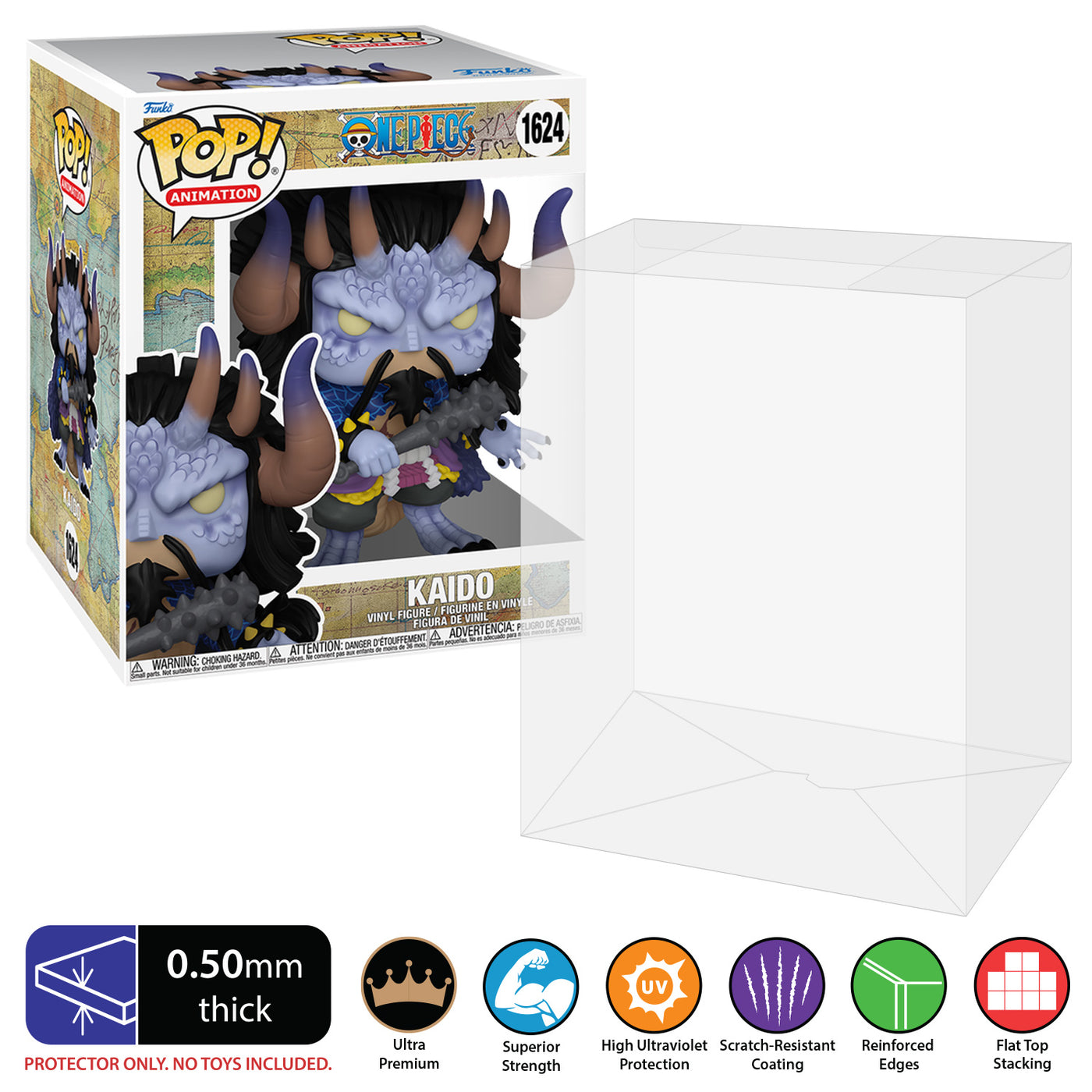 0.50mm thick funko pop protector for one piece kaido beast pop deluxe box. uv resistant eco pop shield for your vaulted vinyl figures by Display Geek and Kollector Protector