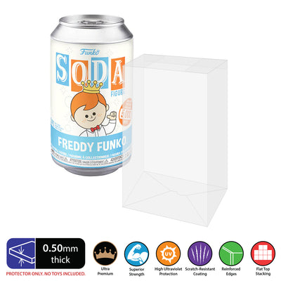 0.50mm thick funko soda pop protector for standard soda can. uv resistant eco pop shield for your vaulted vinyl figures by Display Geek and Kollector Protector