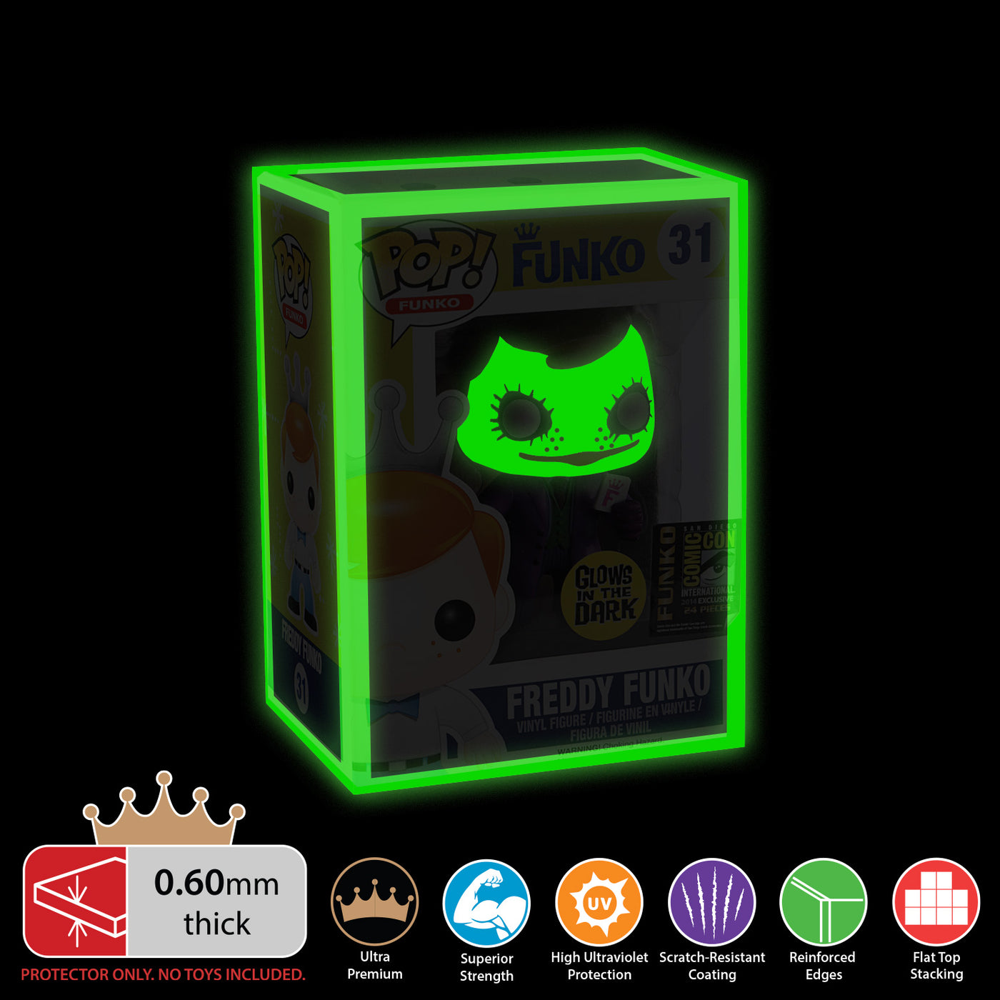 4 INCH GLOW IN THE DARK Pop Protectors for Funko (0.60mm thick, UV & Scratch Resistant) 6.25h x 4.5w x 3.5d