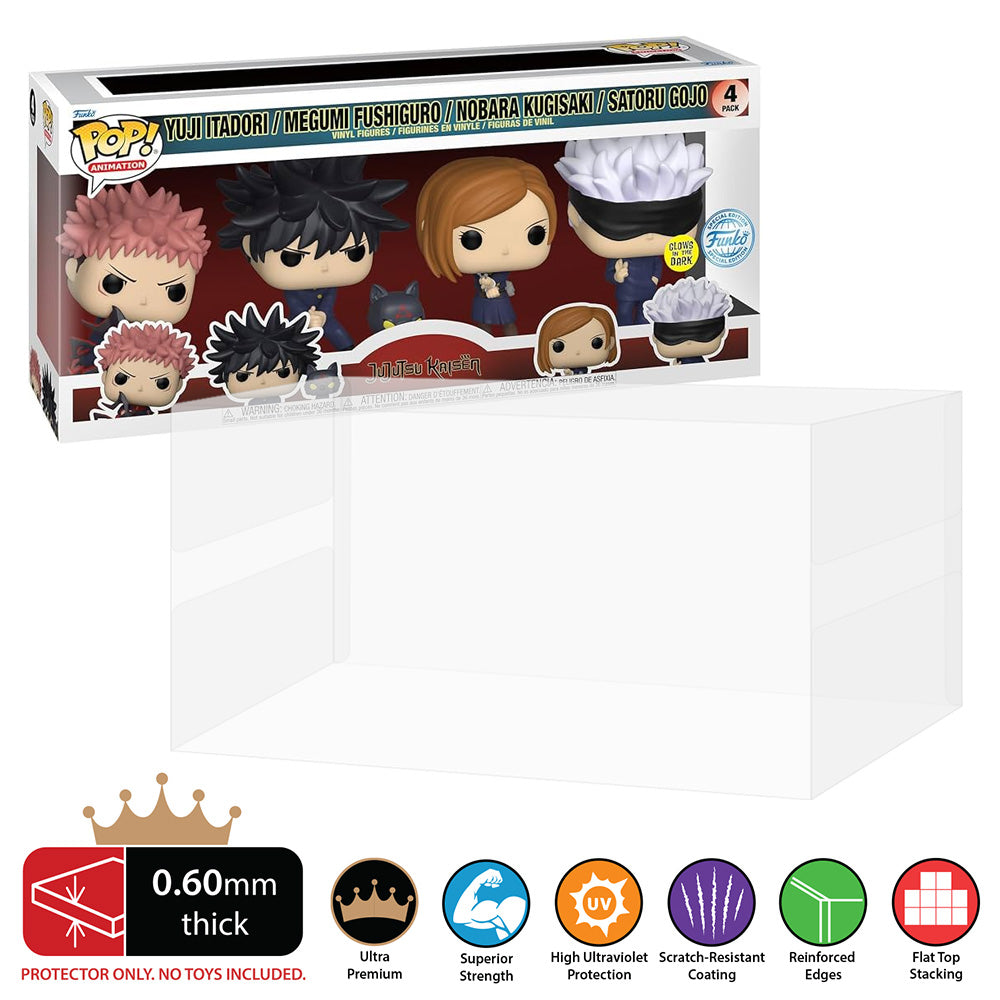 Jujutsu Kaisen 4 Pack Box Funko Pop Protectors - 0.60mm Thick UV Resistant Funko Pop Shield Protectors - The Best Quality Ultra Premium, Superior Strength, High Ultraviolet Protection, Scratch Resistant Coating, Reinforced Edges, Flat Top Stacking