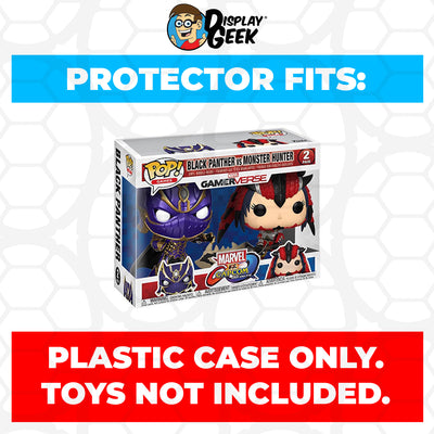 Pop Protector for 2 Pack Black Panther vs Monster Hunter Purple & Red Funko Pop on The Protector Guide App by Display Geek