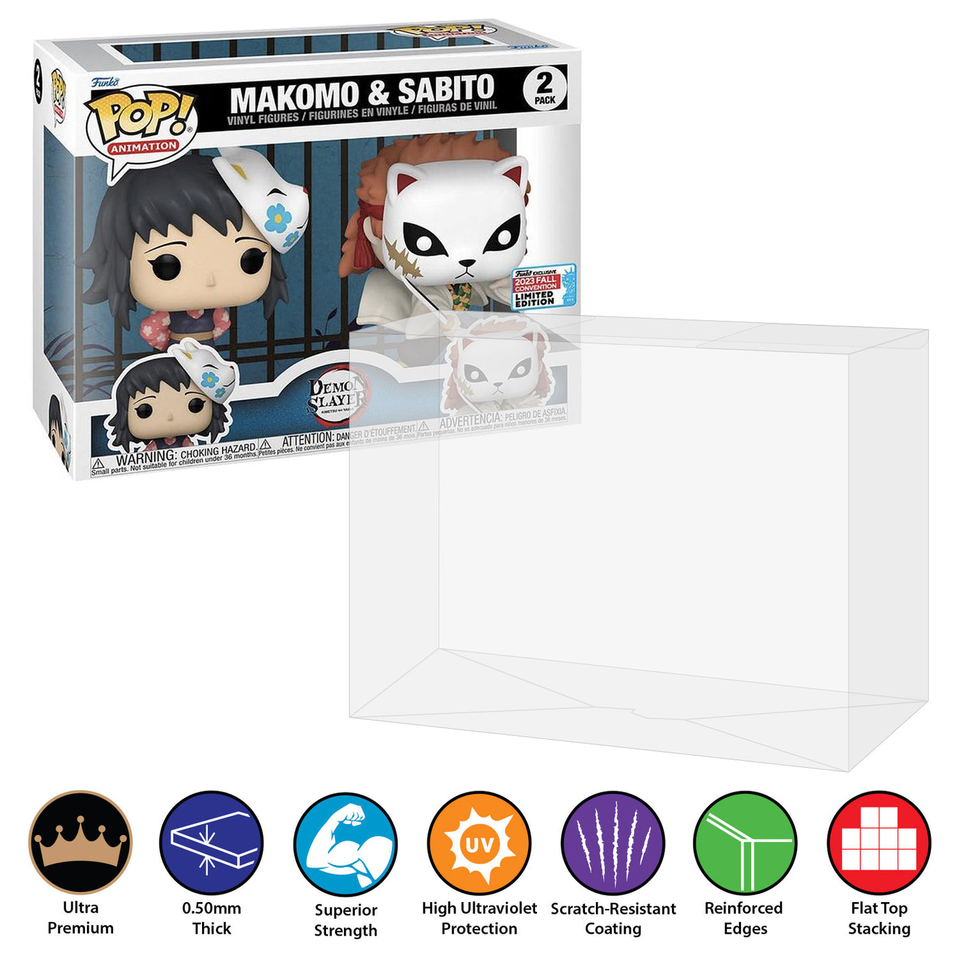 2 pack demon slayer makomo and sabito nycc best funko pop protectors thick strong uv scratch flat top stack vinyl display geek plastic shield vaulted eco armor fits collect protect display case kollector protector