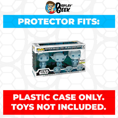 Pop Protector for 3 Pack Force Ghost Anakin Skywalker, Yoda & Obi-Wan Kenobi Glow Funko Pop on The Protector Guide App by Display Geek