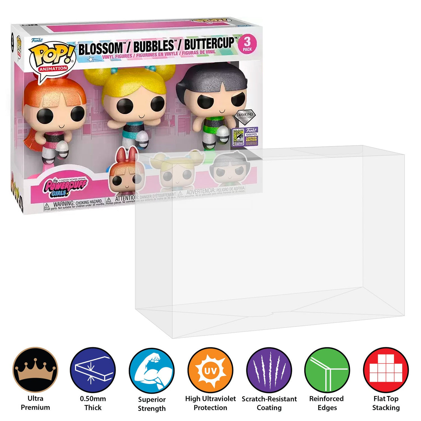 3 pack Powerpuff Girls Blossom Bubbles Buttercup Diamond SDCC best funko pop protectors thick strong uv scratch flat top stack vinyl display geek plastic shield vaulted eco armor fits collect protect display case kollector protector