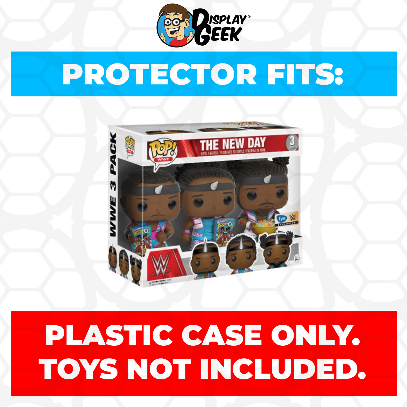 Pop Protector for 3 Pack The New Day Big E, Xavier Woods & Kofi Kingston with Cereal Funko Pop on The Protector Guide App by Display Geek