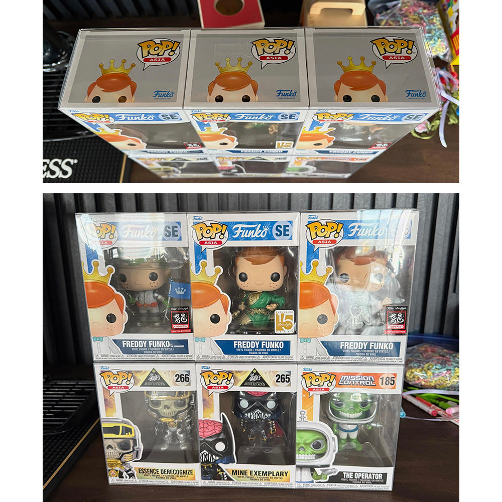 3 pops side by side best funko pop protectors thick strong uv scratch flat top stack vinyl display geek plastic shield vaulted eco armor fits collect protect display case kollector protector