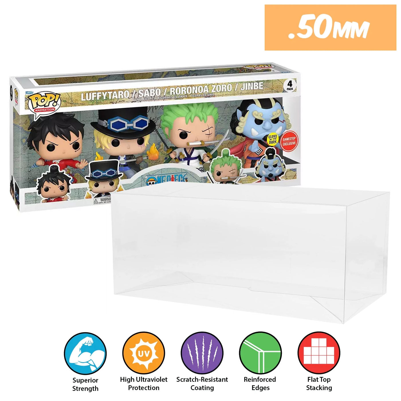 one piece luffytaro sabo roronoa zoro jinbe glow in the dark 4 pack best funko pop protectors thick strong uv scratch flat top stack vinyl display geek plastic shield vaulted eco armor fits collect protect display case kollector protector