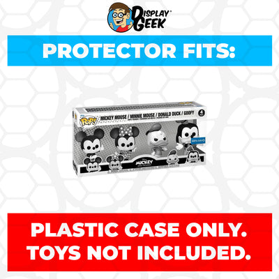 Pop Protector for 4 Pack Mickey & Friends - Mickey Mouse, Minnie Mouse, Donald Duck & Goofy Black & White Sam's Club Exclusive Funko Pop Box on The Protector Guide App by Display Geek