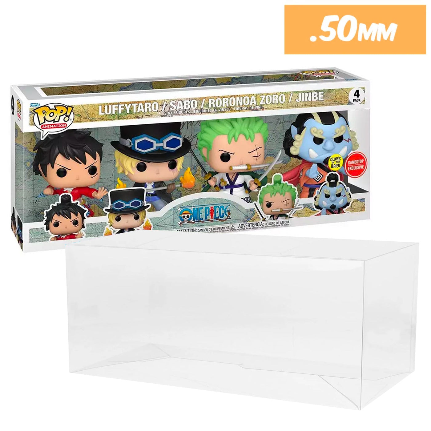 one piece luffytaro sabo roronoa zoro jinbe glow in the dark 4 pack best funko pop protectors thick strong uv scratch flat top stack vinyl display geek plastic shield vaulted eco armor fits collect protect display case kollector protector