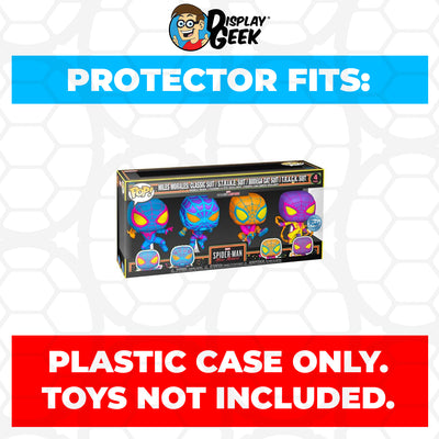 Pop Protector for 4 Pack Blacklight  Miles Morales Classic Suit, S.T.R.I.K.E. Suit, Bodega Cat Suit & T.R.A.C.K. Suit Funko Pop on The Protector Guide App by Display Geek
