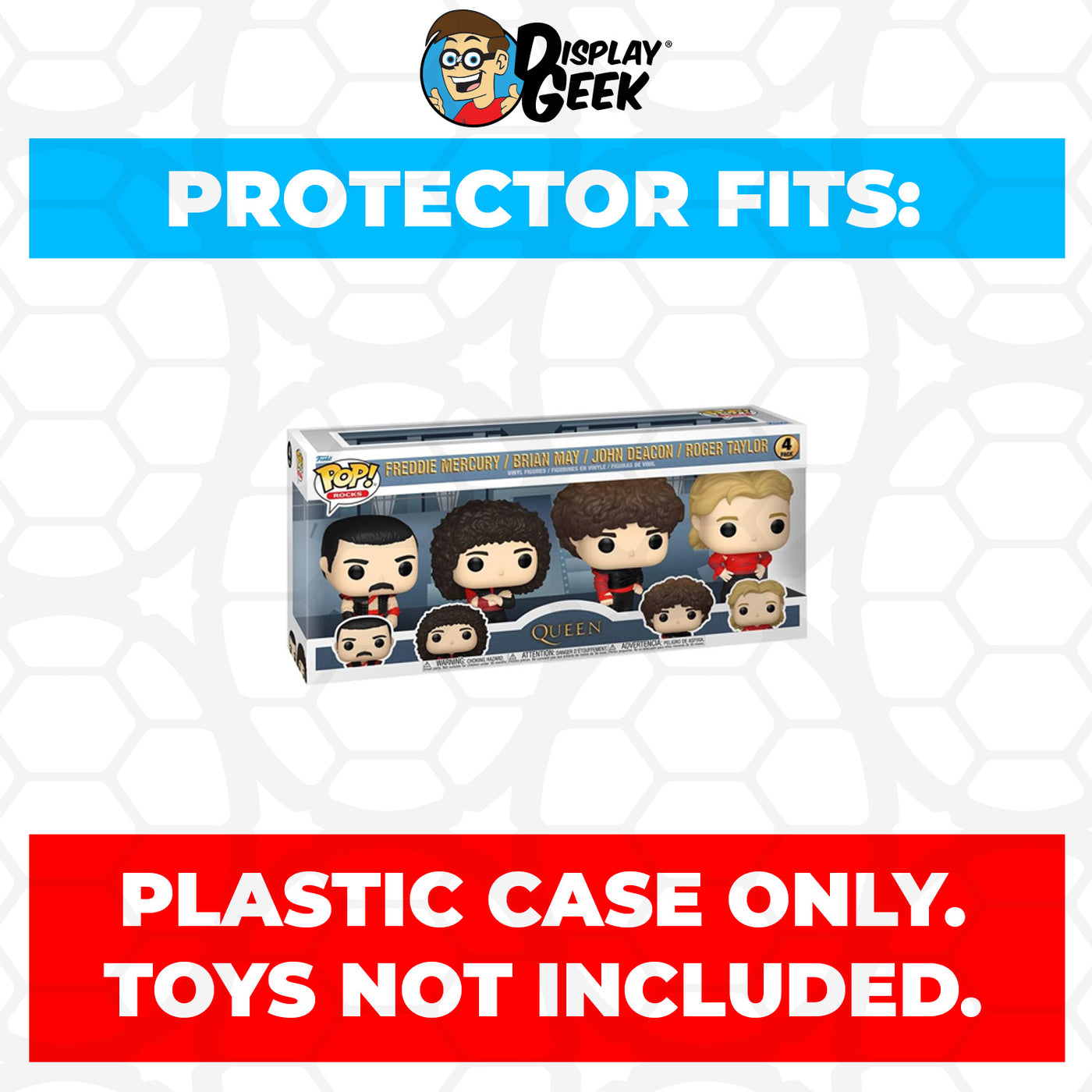 Plastic Pop Protector for 4 Pack Queen Radio Gaga - Freddie Mercury, Brian May, John Deacon & Roger Taylor  Funko Pop on The Protector Guide App by Display Geek