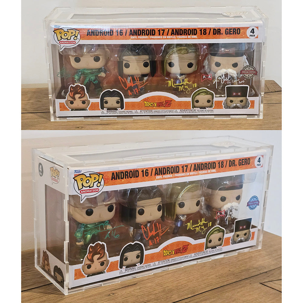 Custom Acrylic Hard Case for 4 PACK DBZ Android 16, Android 17, Android 18 & Dr. Gero Funko Pop Grail Boxes (4.5mm thick) Fits 6.25h x 13.5w x 3.5d