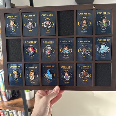 Custom Wood Enamel Pin Display (2" wide x 3" high Slots) Fits Standard Pins and Card Backings by Dragon Woodshop in partnership with Display Geek