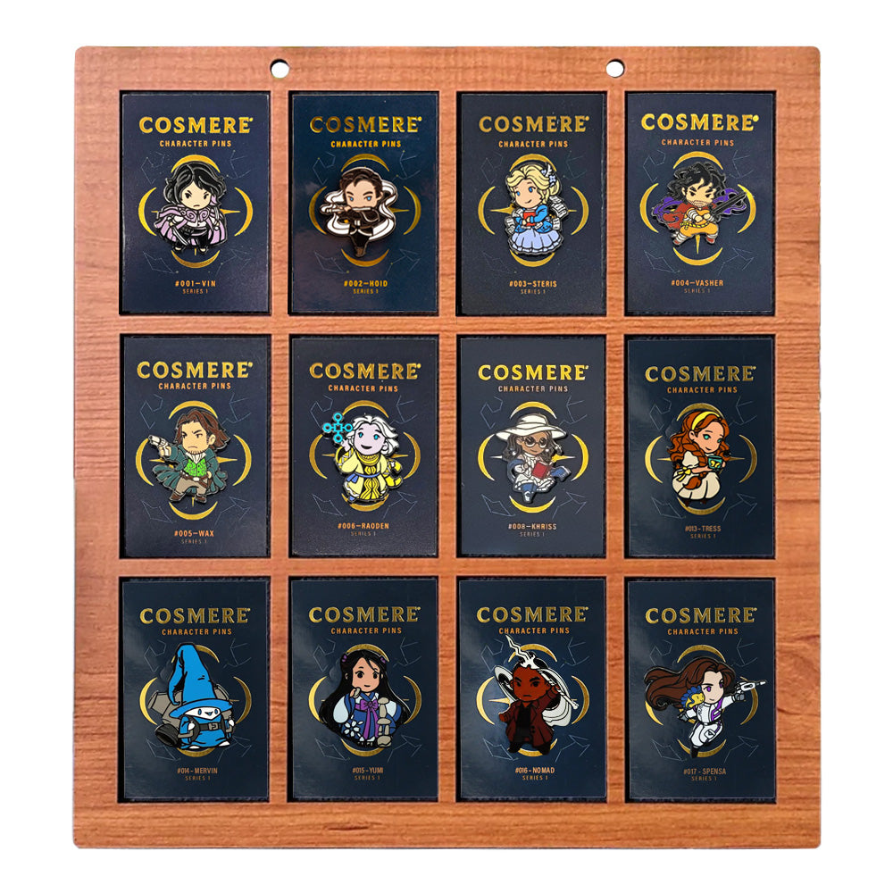 Custom Wood Enamel Pin Display (2" wide x 3" high Slots) Fits Standard Pins and Card Backings by Dragon Woodshop in partnership with Display Geek