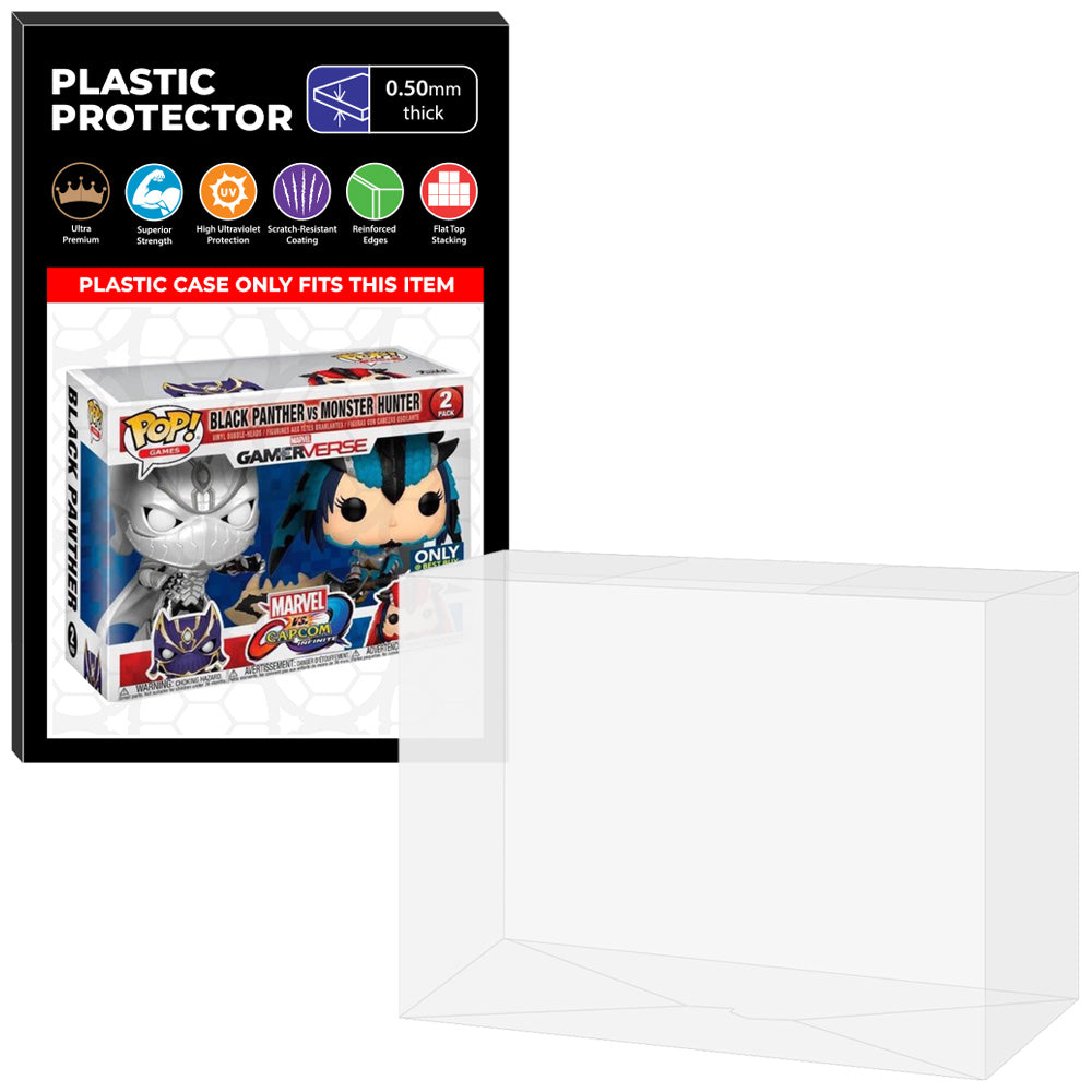 Pop Protector for 2 Pack Black Panther vs Monster Hunter White & Blue Funko Pop on The Protector Guide App by Display Geek