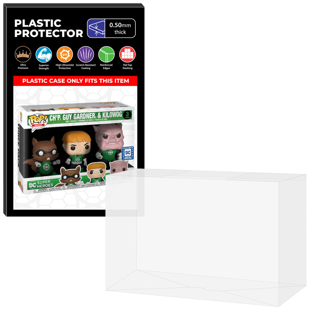 Pop Protector for 3 Pack Ch'p, Guy Gardner & Kilowog Funko Pop on The Protector Guide App by Display Geek