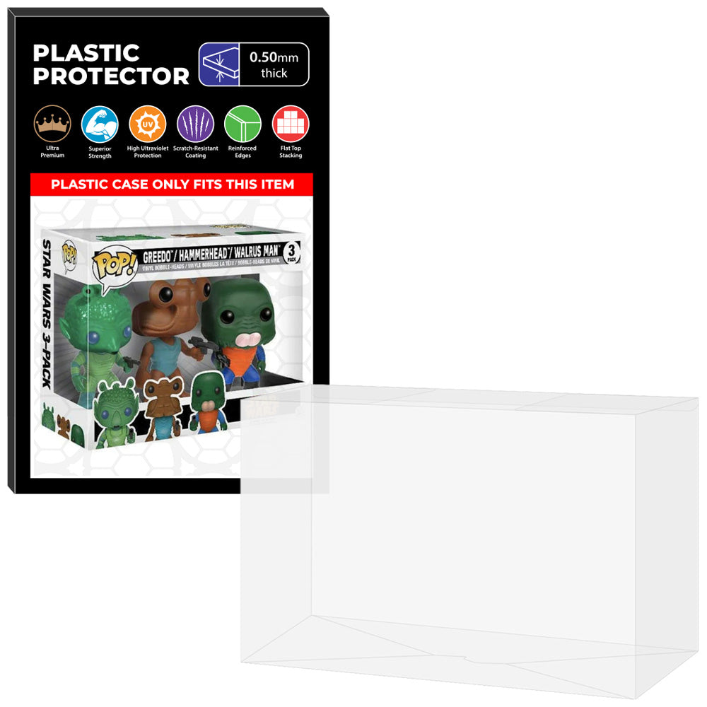 Pop Protector for 3 Pack Greedo, Hammerhead & Walrus Man Funko Pop on The Protector Guide App by Display Geek