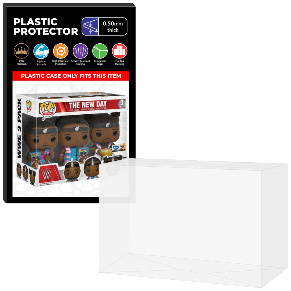 Pop Protector for 3 Pack The New Day Big E, Xavier Woods & Kofi Kingston with Cereal Funko Pop on The Protector Guide App by Display Geek