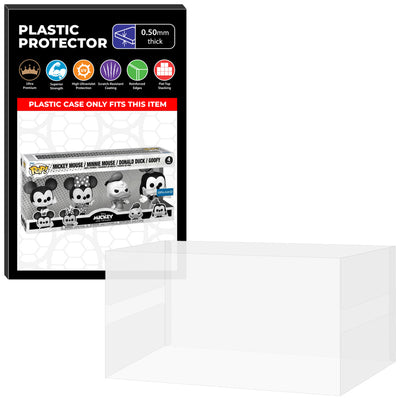 Pop Protector for 4 Pack Mickey & Friends - Mickey Mouse, Minnie Mouse, Donald Duck & Goofy Black & White Sam's Club Exclusive Funko Pop Box on The Protector Guide App by Display Geek