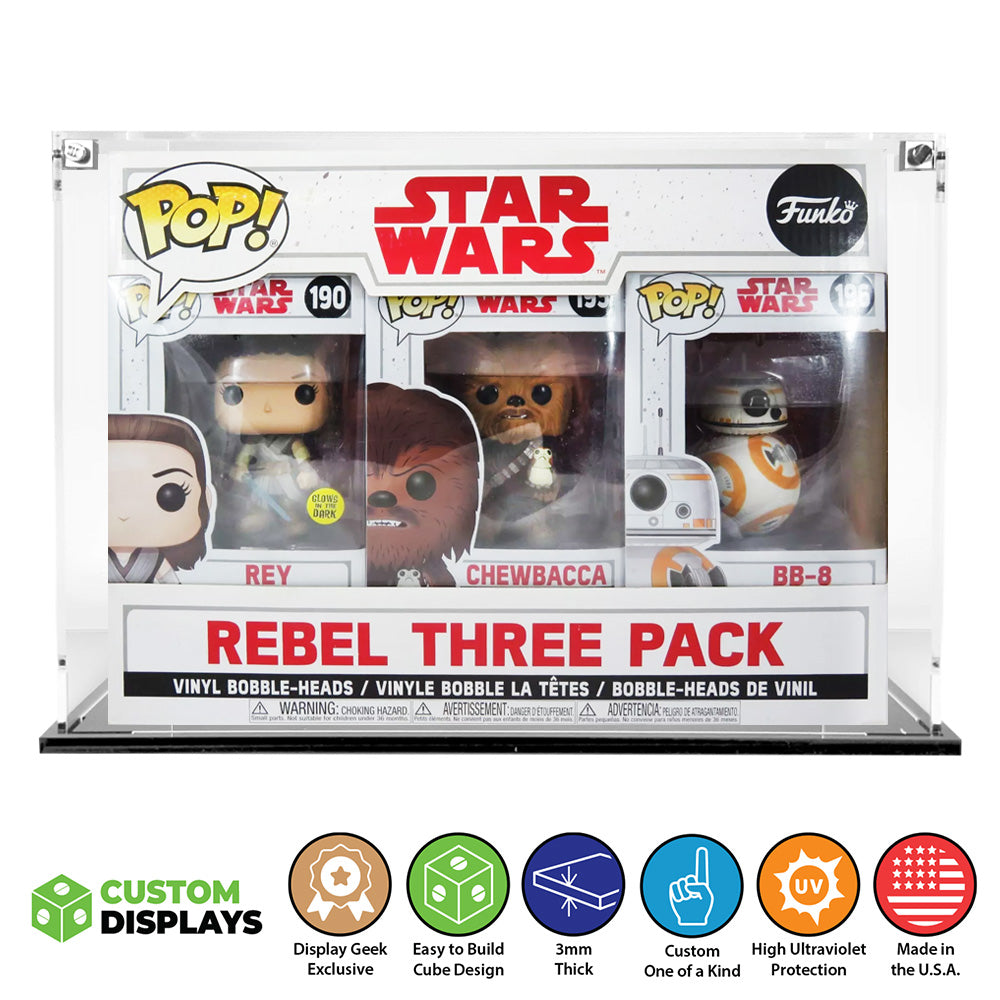 3 PACK REBEL THREE PACK - 3mm thick Custom Acrylic Display Case for Funko Pop Grail Boxes (10.5h x 13.75w x 4d) by Display Geek Flying Box 3mm thick dust and dirt protection