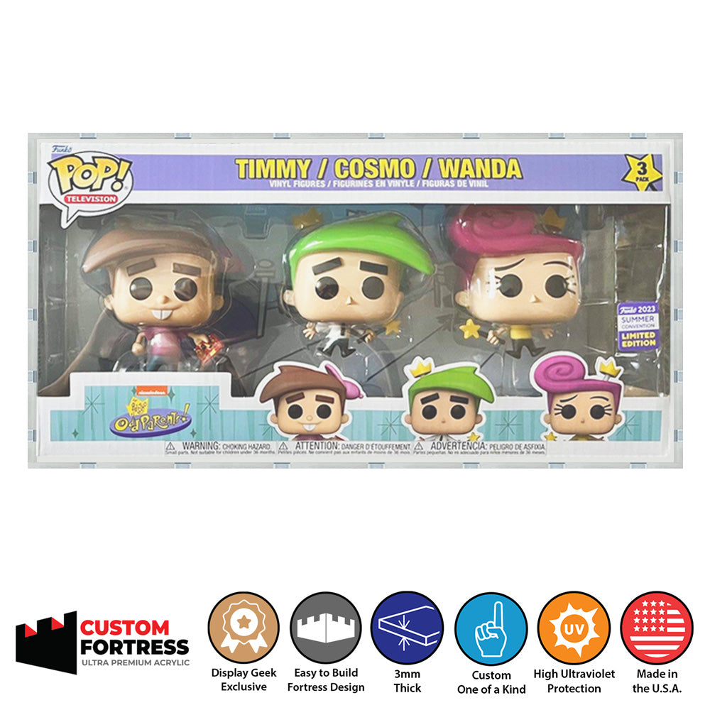 Custom Acrylic Hard Case for 3 PACK FAIRLY ODDPARENTS Funko Pop Grail Boxes (3mm thick, UV Resistant) Fits 6.5h x 12.5w x 3.5d