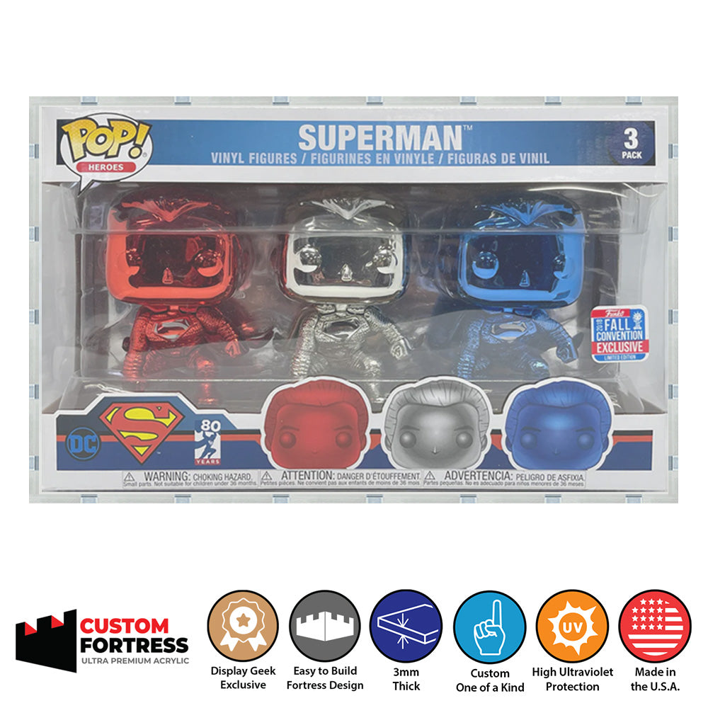 Custom Acrylic Hard Case for 3 PACK SUPERMAN Funko Pop Grail Boxes (3mm thick, UV Resistant) Fits 6.25h x 10.25w x 3.5d