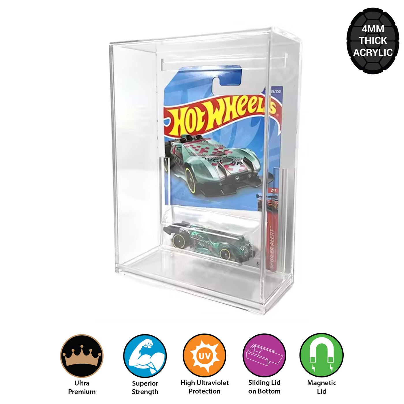 Acrylic Hard Case for HOT WHEELS Matchbox Carded Boxes 4mm thick UV Resistant Slide Bottom 6.5h x 4.25w x 1.75d