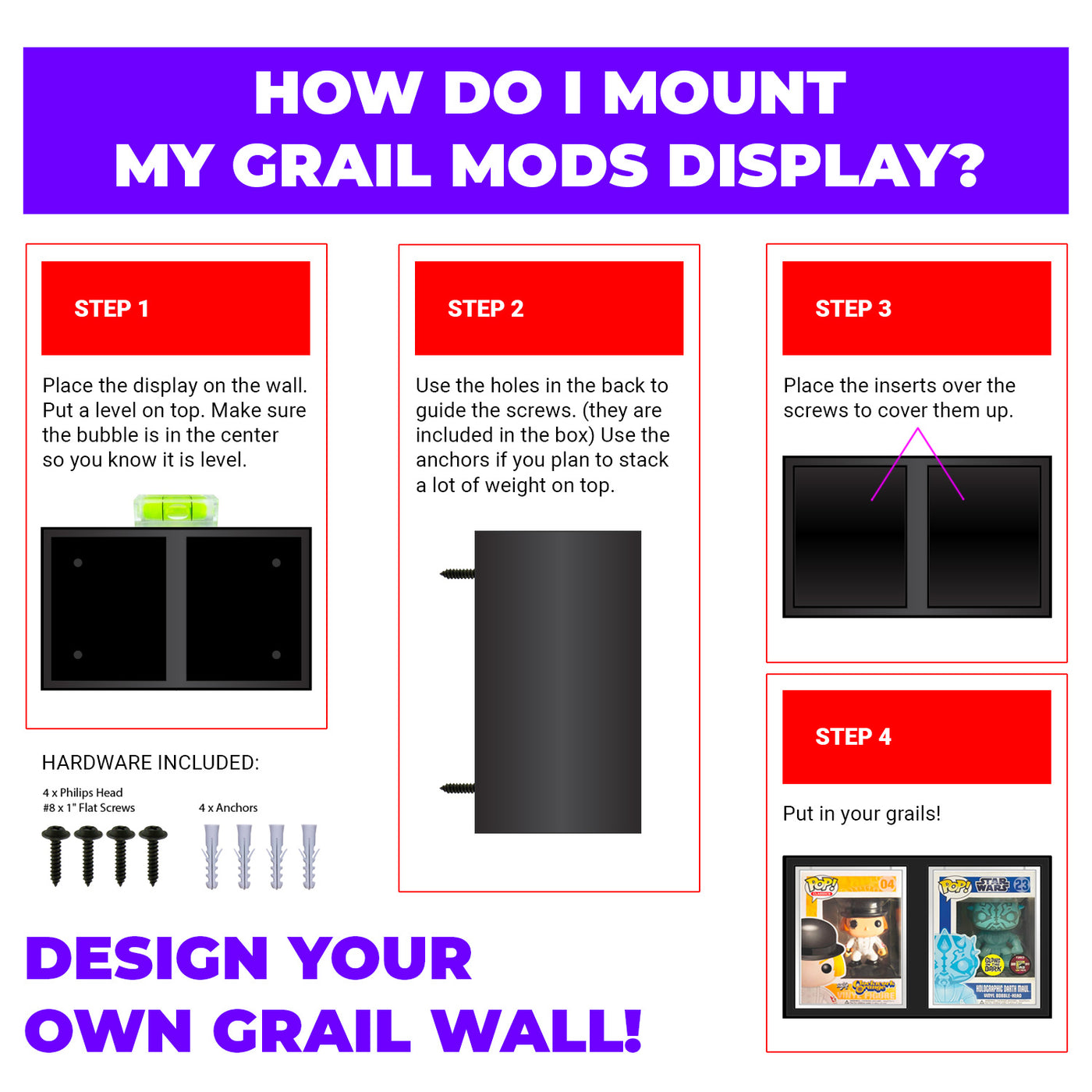 How to Mount Instructions - Display Geek Grail Mods The Best Funko Pop Vinyl Display Case for Pop Shield Armor Hard Stacks DIY Vaulted Grail Wall Cubbies