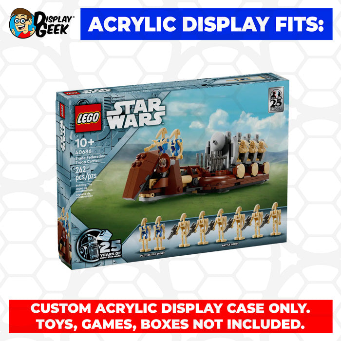 LEGO 40686 - Custom Acrylic Display Case for Star Wars Trade Federation Troop Carrier (3.5h x 9.5w x 5d) by Display Geek Flying Box 3mm thick dust and dirt protection