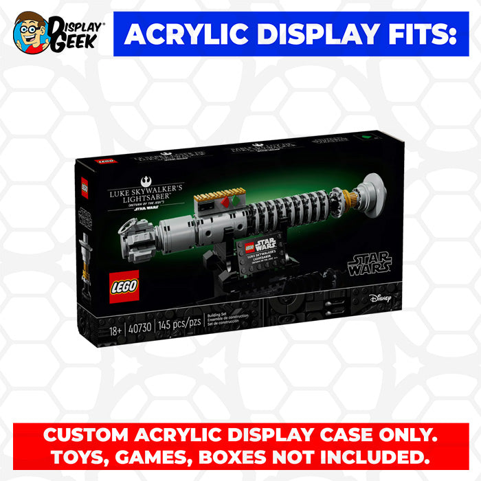 Custom Acrylic Display Case for LEGO Model 40730 - Luke Skywalker's Lightsaber (3mm thick, UV Resistant) 3.75h x 12w x 4.25d