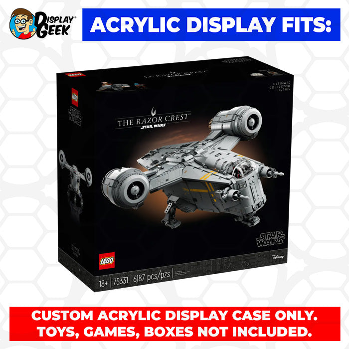 Custom Acrylic Display Case for LEGO Model 75331 - The Razor Crest (3mm thick, UV Resistant) 11.5h x 30.5w x 22d