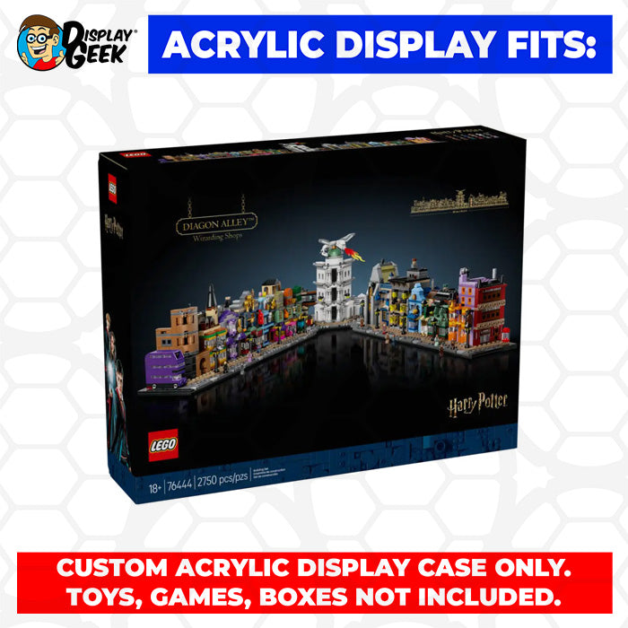 Custom Acrylic Display Case for LEGO Model 76444 - Diagon Alley Wizarding Shops (3mm thick, UV Resistant) 6.75h x 36w x 5.25d