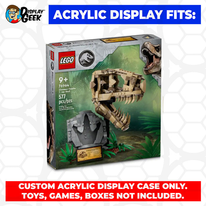 LEGO Model 76964 - 3mm thick Custom Acrylic Display Case for Jurassic World Dinosaur Fossils T.Rex Skull (9.2h x 9.75w x 6.5d)