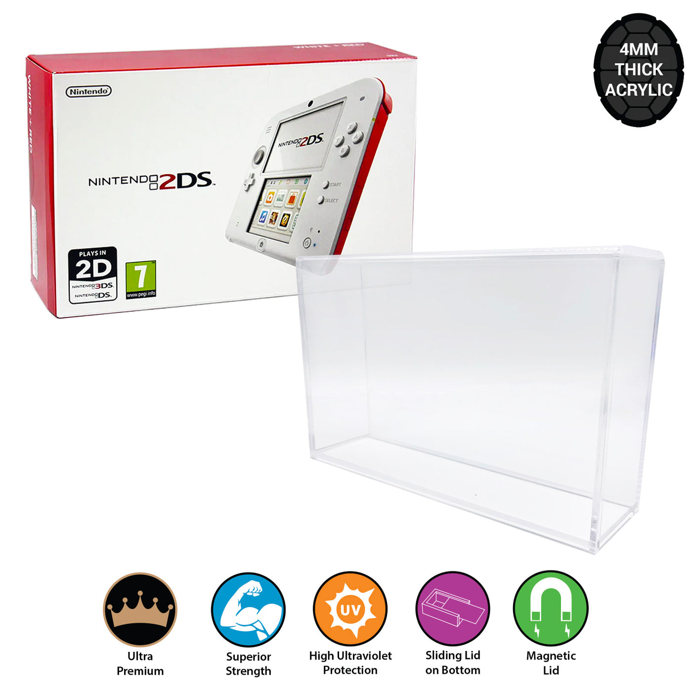 Acrylic Case for NINTENDO 2DS Video Game Console Box 4mm thick, UV & Slide Bottom on The Pop Protector Guide by Display Geek