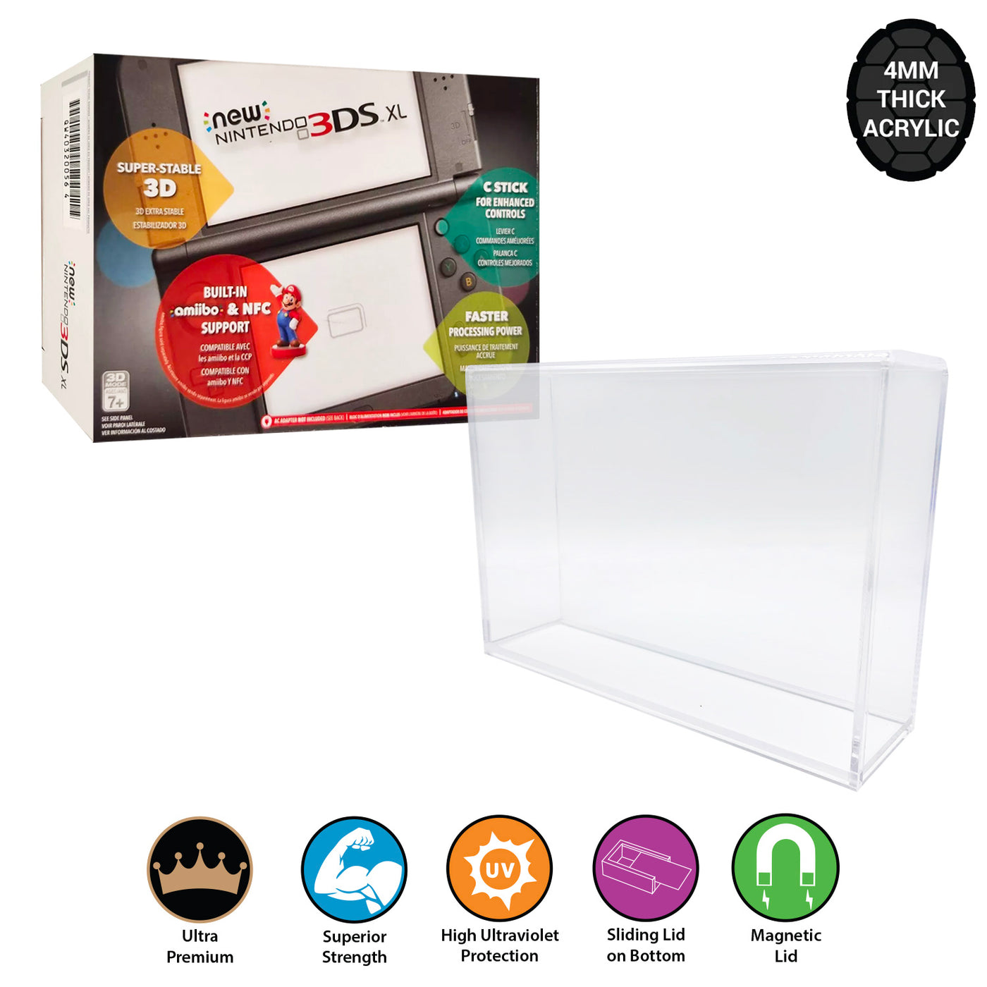 Acrylic Case for NINTENDO 3DS XL Video Game Console Box 4mm thick, UV & Slide Bottom on The Pop Protector Guide by Display Geek