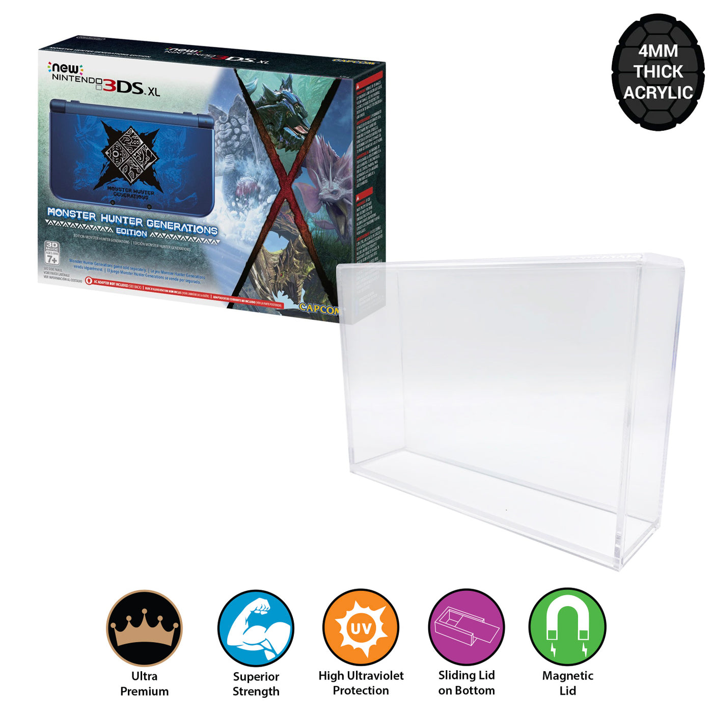 Acrylic Case for NINTENDO 3DS XL Monster Hunter Generations Video Game Console Box 4mm thick, UV & Slide Bottom on The Pop Protector Guide by Display Geek