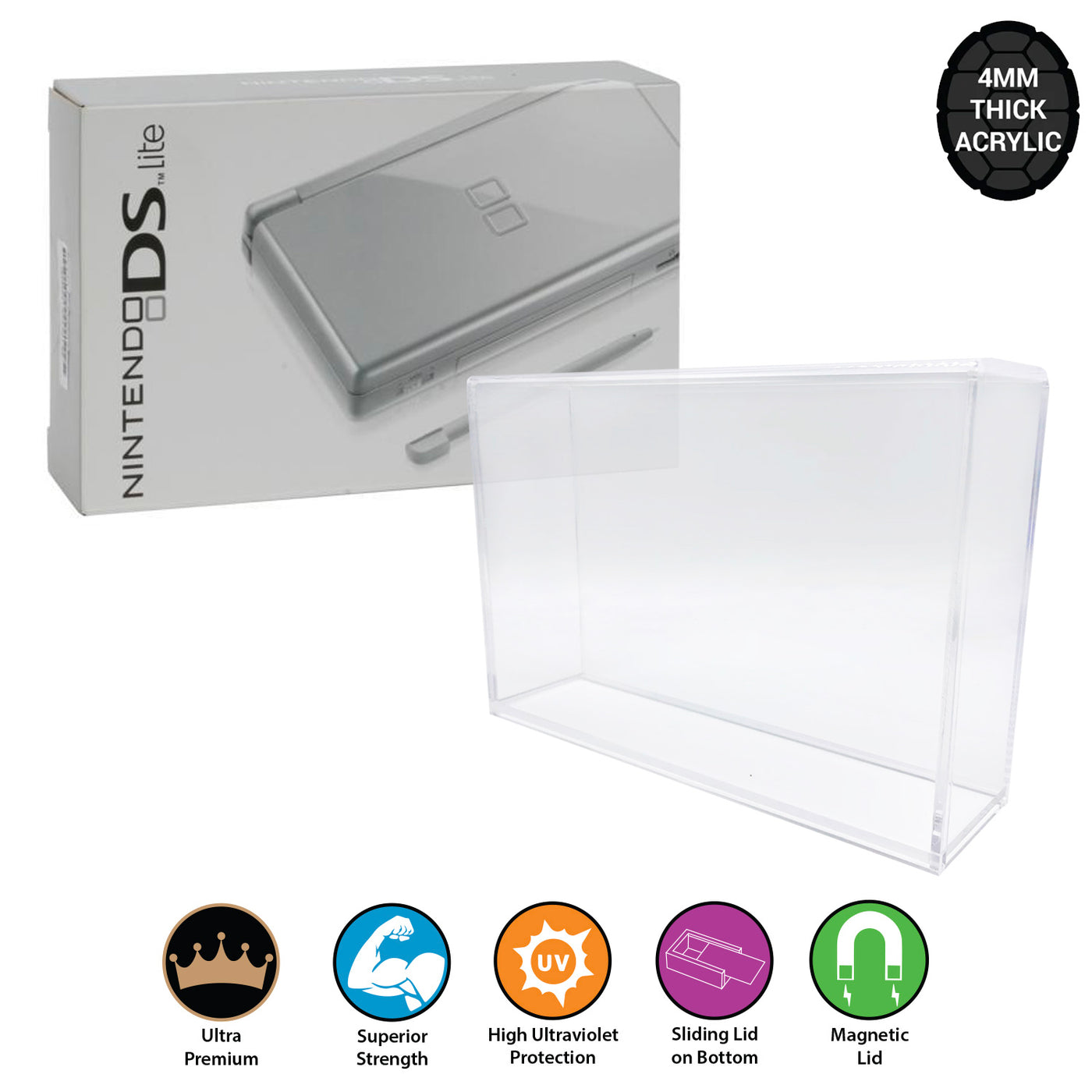 Acrylic Case for NINTENDO DS LITE Video Game Console Box 4mm thick, UV & Slide Bottom on The Pop Protector Guide by Display Geek