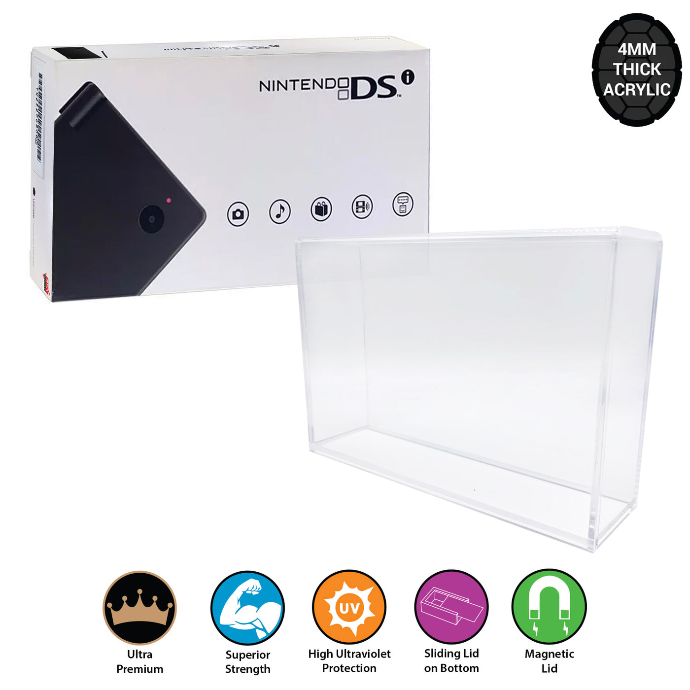 Acrylic Case for NINTENDO DSi Video Game Console Box 4mm thick, UV & Slide Bottom on The Pop Protector Guide by Display Geek
